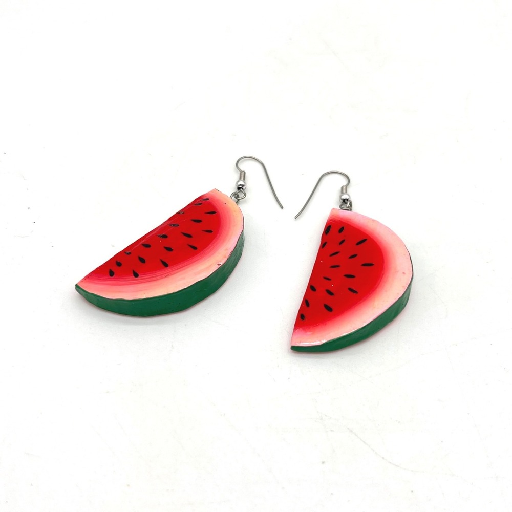 Vintage Watermelon Slice Dangle Earrings Hand Painted Fruit Summer‎ Jewelry